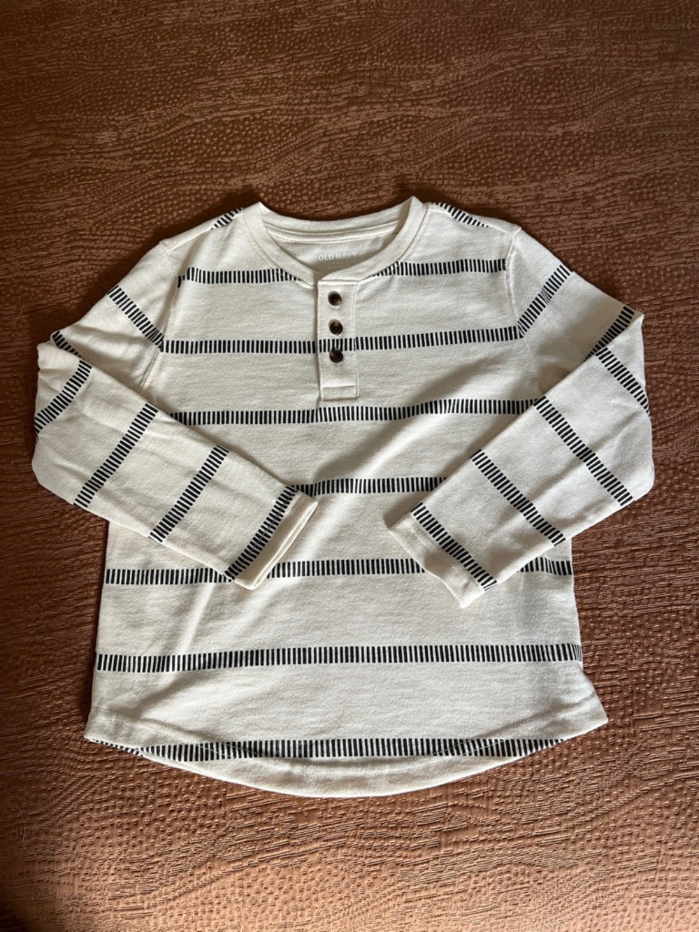 Old Navy Cream and Black Striped Henley Long-Sleeve Top